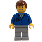 LEGO Airport Worker with Blue Jacket, White Shirt and Tie, Airplane Logo, ID Badge, Medium Stone Gray Pants, Smiling Face, and Reddish Brown Hair Minifigure