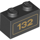 LEGO Black Brick 1 x 2 with Gold '132' Pattern with Bottom Tube (3004 / 19018)