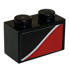 LEGO Black Brick 1 x 2 with Red Slope and Curved White Line (Left) Sticker with Bottom Tube (3004)