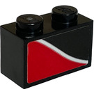 LEGO Black Brick 1 x 2 with Red Slope and Curved White Line (Right) Sticker with Bottom Tube (3004)