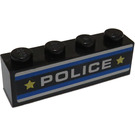 LEGO Black Brick 1 x 4 with 'POLICE', Blue and White Stripes and 2 Yellow Stars Sticker (3010)