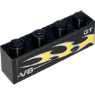 LEGO Black Brick 1 x 4 with 'V8', 'GT' and Yellow Flame Sticker (3010)