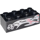 LEGO Black Brick 2 x 4 with '57' and Silver and Pink Flames Right Sticker (3001)