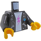 LEGO Black Minifig Torso with White Shirt, Pink Lightning Bolt, Leather Jacket and 'Tour' with Skyline Pattern on Reverse (973)