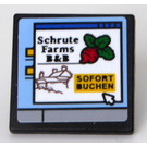 LEGO Black Roadsign Clip-on 2 x 2 Square with Computer Screen with 'Schrute Farms' and 'SOFORT BUCHEN' Sticker with Open 'O' Clip (15210)