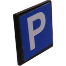 LEGO Schwarz Roadsign Clip-auf 2 x 2 Platz mit P (Blau Background) Aufkleber mit offenem 'U'-Clip (15210)