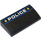 LEGO Black Slope 2 x 4 Curved with 'POLICE', 2 Blue Lines and 2 Yellow Stars Sticker without Bottom Tubes (61068)