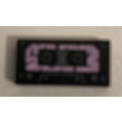 LEGO Zwart Tegel 1 x 2 met Cassette Tape met Bright Pink Label met groef (3069)