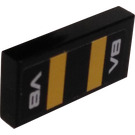 LEGO Black Tile 1 x 2 with Mirrored V8 and Stripes Sticker with Groove (3069)