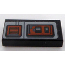 LEGO Black Tile 1 x 2 with Orange Square and Rectangle With Air Vents Sticker with Groove (3069)