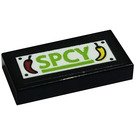 LEGO Zwart Tegel 1 x 2 met 'SPCY' Sticker met groef (3069)
