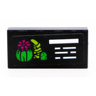 LEGO Black Tile 1 x 2 with Suculient Plant & Cacti and White Lines Sticker with Groove (3069)