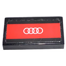 LEGO Black Tile 1 x 2 with White Audi emblem (4 rings) on red background  Sticker with Groove (3069)