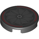LEGO Black Tile 2 x 2 Round with Silver Pinwheel Wheel Rim and Red Curved Lines with Bottom Stud Holder (14769 / 88095)