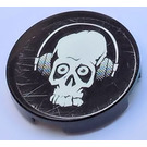 LEGO Black Tile 2 x 2 Round with Skull and Headphones Sticker with "X" Bottom (4150)