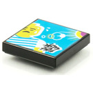 LEGO Black Tile 2 x 2 with BeatBit Album Cover - Minifigure Sweating in Striped Shirt with Sun Pattern with Groove (3068)