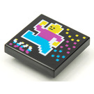 LEGO Zwart Tegel 2 x 2 met BeatBit Album Cover - Pixelated Minifigure en Squares Patroon met groef (3068)