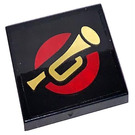 LEGO Zwart Tegel 2 x 2 met Bugle (Trumpet) Sticker met groef (3068)