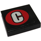 LEGO Black Tile 2 x 2 with "C" in Round Red Sticker with Groove (3068)