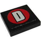 LEGO Black Tile 2 x 2 with "D" in Round Red Sticker with Groove (3068)
