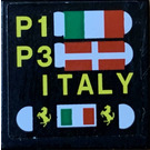 LEGO Black Tile 2 x 2 with Pit Board, Italian and Danish Flags, 'P1', 'P3', 'ITALY' and Ferrari Logos Sticker with Groove (3068)