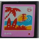 LEGO Black Tile 2 x 2 with TV Screen with Girl Surfing Sticker with Groove (3068)