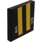 LEGO Black Tile 2 x 2 with Yellow Stripes and V8 Sticker with Groove (3068)