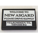 LEGO Black Tile 2 x 3 with 'WELCOME TO NEW ASGARD' and 'PLEASE DRIVE SLOWLY' Sticker (26603)