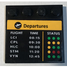 LEGO Black Tile 4 x 4 with Studs on Edge with 'Departures', 'FLIGHT', 'TIME', 'STATUS' and Flight Schedule Sticker (6179)