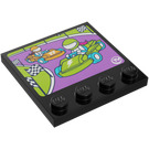 LEGO Zwart Tegel 4 x 4 met Studs Aan Rand met TV Screen (Airing Go Carts) Sticker (6179)
