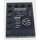 LEGO Black Tile 4 x 6 with Studs on 3 Edges with 'SANDWICHES' and 'DRINKS' and 'Remember to TIP!' Pattern Sticker (6180)
