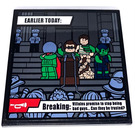 LEGO Black Tile 6 x 6 with EARLIER TODAY: Breaking: Villains promise to stop being bad guys...Can they be trsted? Sticker with Bottom Tubes (10202)