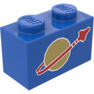 LEGO Blue Brick 1 x 2 with Classic Space Logo with Bottom Tube (3004)