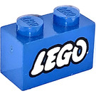 LEGO Blau Backstein 1 x 2 mit Lego Logo mit open 'O' mit Unterrohr (3004 / 93792)