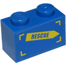 LEGO Blue Brick 1 x 2 with 'RESCUE' on Yellow Arrow (Left) Sticker with Bottom Tube (3004)