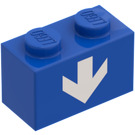 LEGO Blau Backstein 1 x 2 mit Weiß Nieder Pfeil mit Unterrohr (3004)