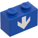 LEGO Blue Brick 1 x 2 with White Down Arrow with Bottom Tube (3004)