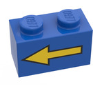 LEGO Blue Brick 1 x 2 with Yellow Left Arrow and Black Border with Bottom Tube (3004)