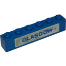 LEGO Синій Цегла 1 x 6 з "GLASGOW" на Білий background (3009)