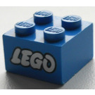 LEGO Blue Brick 2 x 2 with Lego Logo Old Style White with Black Outline
