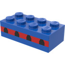 LEGO Blue Brick 2 x 4 with 4 Plane Windows in a Thin Red Stripe (Earlier, without Cross Supports) (3001)