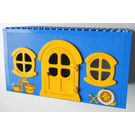 LEGO Blue Fabuland House Block with Yellow Door and Windows with Tyre and Water Tap Sticker