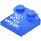 LEGO Blauw Helling 2 x 2 Gebogen met 'MOT Of', 'TURBO load' en 'AIRBORNE spoilers' Sticker met gebogen uiteinde (47457)