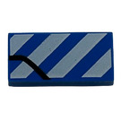 LEGO Blue Tile 1 x 2 with Black Line and White Danger Stripes (Model Left) Sticker with Groove (3069)