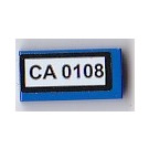 LEGO Blue Tile 1 x 2 with 'CA 0108' Sticker with Groove (3069)