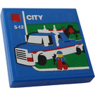 LEGO Blue Tile 2 x 2 with '5-12', 'CITY', Tow Truck AND Mechanic Sticker with Groove (3068)
