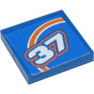 LEGO Blue Tile 2 x 2 with Orange Bow and White '37' Pattern Model Left Side Sticker with Groove (3068)