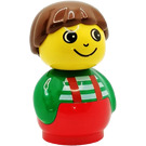 LEGO Boy with Brown Hair and Green Top with Red Suspenders on Red Base Primo Figure