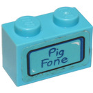 LEGO Backstein 1 x 2 mit "Pig Fone" Aufkleber mit Unterrohr (3004)