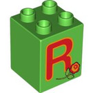LEGO Bright Green Duplo Brick 2 x 2 x 2 with R for Rose (31110 / 93014)
